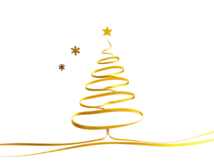 Golden ribbon Christmas tree with decorative stars and flowing lower branches