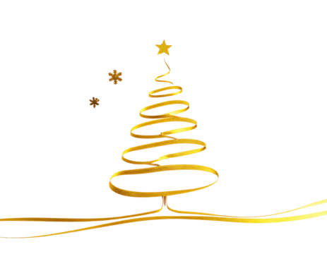 Golden ribbon Christmas tree with decorative stars and flowing lower branches