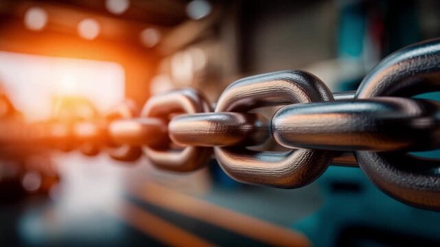 Interlocking of Industry:  A close-up view of a robust metal chain, symbolizing strength and interconnectedness within a manufacturing setting.