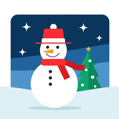 A cheerful snowman wearing a red hat and scarf stands in a winter wonderland with a decorated Christmas tree and sparkling stars.