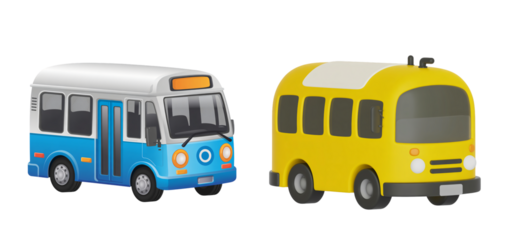 Two cartoon buses one blue and white and the other yellow on transparent background