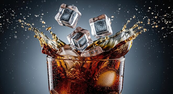 Ice cubes splashing into a refreshing fizzy drink