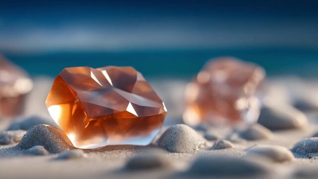 Gemstones on Sandy Beach: Captivating close-up of exquisite gemstones, shimmering with inner light, artfully arranged on a soft sandy beach, with a blurred ocean backdrop. 
