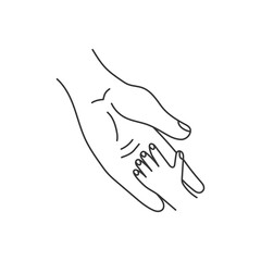 Parent Palm Holding Child Hand. Simple line drawing of adult love and baby tiny finger. Motherhood Fatherhood Family Parental trust, care, and protection. Vector illustration