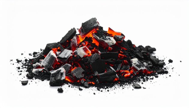 "Burning charcoal pieces with glowing embers and flames on dark background."
