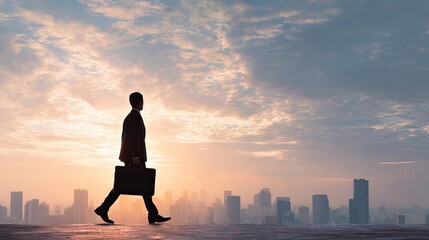 A silhouette of a businessman walking against a vibrant sunrise, with a city skyline in the background, symbolizing ambition and new beginnings.
