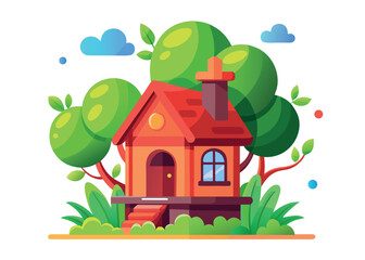 A cozy house nestled among lush green trees, creating a peaceful and inviting scene, isolated on white background