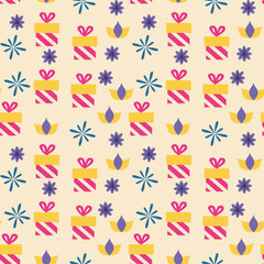Vibrant seamless pattern featuring striped gift boxes with yellow lids, heart bows, and lively floral motifs in blue, purple, and yellow. Perfect for holiday, party decor, wrapping paper, or branding