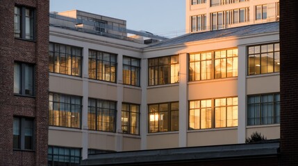 Obraz premium Warm Golden Light Reflecting on Modern Office Building Windows at Sunset