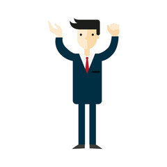 Pixelated Man in Dark Blue Suit and Red Tie With Arms Raised In Celebration Against a White Background