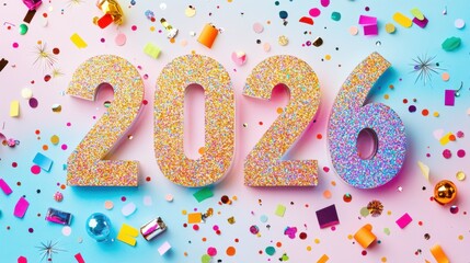 Bright, glittery numbers reading 2026 are surrounded by a variety of colorful confetti on a cheerful backdrop, creating a festive atmosphere for celebration