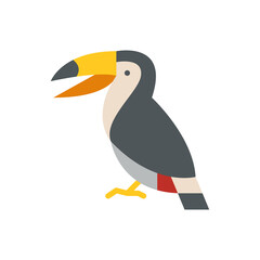 Pixelated Toucan Bird With Yellow Beak Open Mouth and Black Gray White Plumage Standing Profile View on Transparent Background