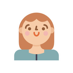 Pixelated Avatar Portrait of a Smiling Woman with Brown Hair and Blue Shirt on Transparent Background