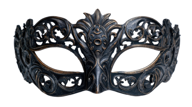 Elegant black carnival antique mask with ornate decorative details and vintage mysterious style accessory isolated on white background