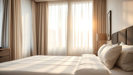 Elegant hotel bedroom with neatly made bed, morning sunlight streaming through sheer curtains.