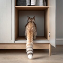 Cute cat in a wardrobe looking at the back isolated on white background