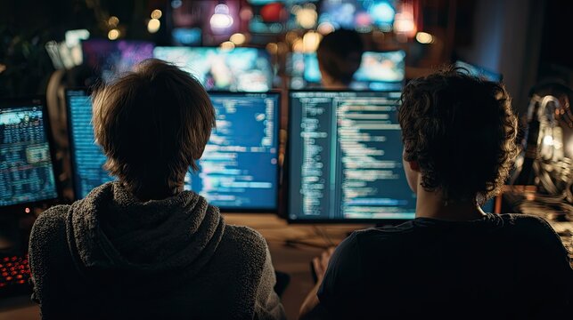 Two individuals work on computers in a dimly lit room, surrounded by screens displaying code and vibrant visuals, immersed in a tech-focused environment. - Powered by Adobe