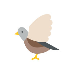 Pixelated illustration of a small gray and brown bird with outstretched wings and yellow feet set against a clean white background