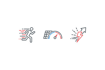 Performance icon set for speed, efficiency, and power. Fast run, speedometer, and energy boost symbols. Concept of productivity growth, business optimization, and progress.
