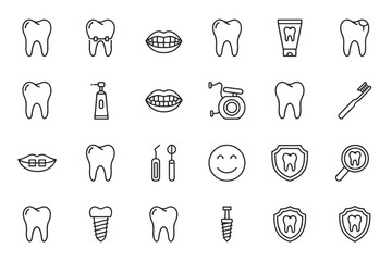 Dental care and dentistry line icon set. Oral hygiene, health, and stomatology symbols. Tooth, implant, braces, and toothbrush vector icons for medical infographics.