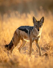 Fototapeta premium A solitary canid with brown and black fur, alert, bathed in golden light, standing in tall grass