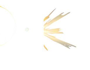 A bright white circle emits light rays into blackness