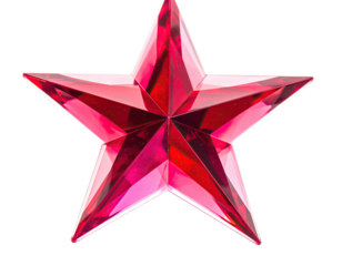 A faceted, ruby-red star gemstone with sharp points and an intricate, symmetrical central design