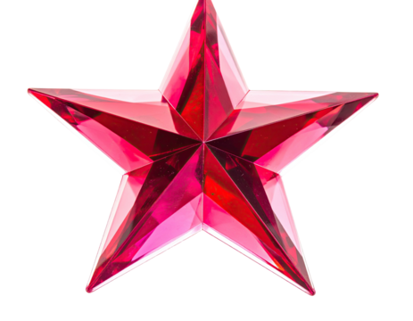 A faceted, ruby-red star gemstone with sharp points and an intricate, symmetrical central design