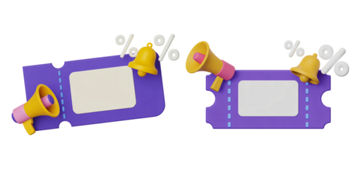 Two purple discount tickets with percentage signs and megaphone on transparent background