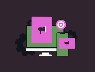Programmatic advertising - targets audiences with megaphone icons on desktop and mobile screens. Gears icons for automated marketing precision in cross-device digital campaigns. Vector illustration