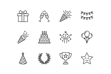 Celebration and party line icon set. Vector symbols for birthday, anniversary, and winning. Editable stroke graphics with cake, gift, balloons, trophy, and fireworks.