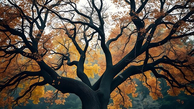Two intertwined trees support each other in autumn, symbolizing family and change.