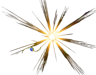 A bright, golden starburst with a lens flare effect on a black background
