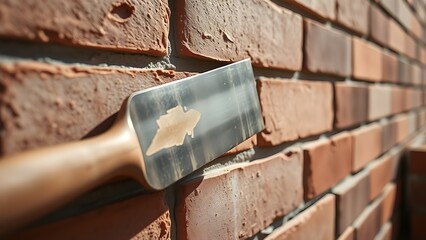A close-up of a brick wall under construction with a trowel resting.