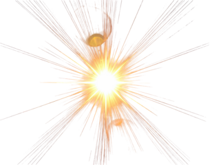 Bright sunburst with radiating rays and lens flares on black