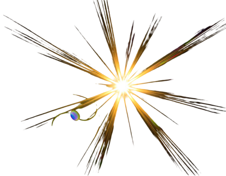 A bright, golden starburst with a lens flare effect on a black background
