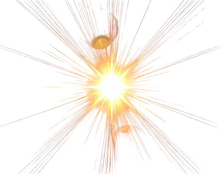 Bright sunburst with radiating rays and lens flares on black