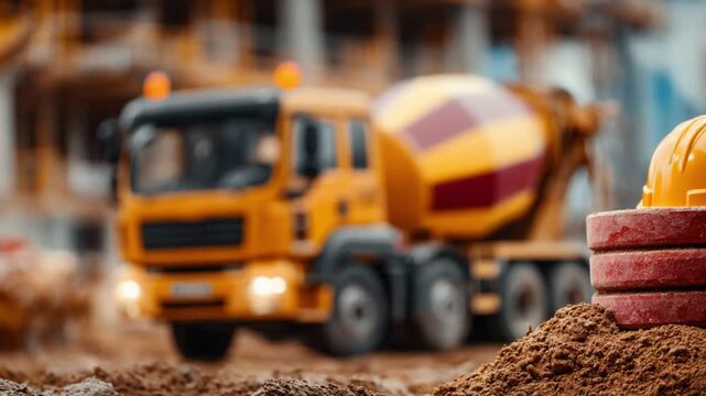 Concrete Mixer at Work: A vibrant shot of a construction site featuring a robust concrete mixer truck, ready to pour, capturing the essence of industry and progress.