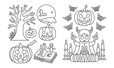 Outline Illustrations of Halloween Elements Including Pumpkins, a Tree, and a Devil Figure drawing sketch