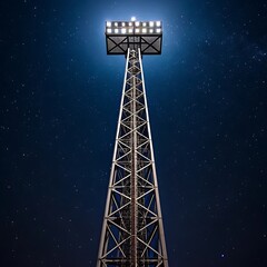 Tall metal tower with bright lights against a dark blue starry sky at night