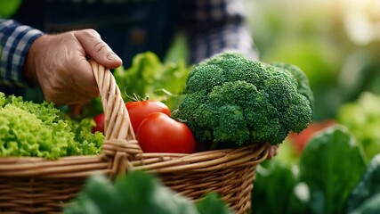 Harvest Bounty: The hands of a gardener cradling a woven basket overflowing with a vibrant harvest of fresh, organic vegetables, a testament to nature's abundance and human dedication. - Powered by Adobe