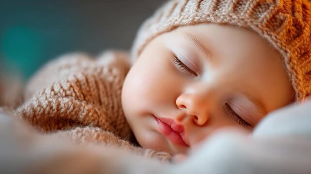 Dreamland Serenity: Capturing a baby's peaceful slumber, swathed in soft, textured fabrics, their innocent face framed by a gentle knit cap. Evoking the calmness of sweet dreams
