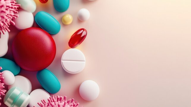 A collection of various pills in bright colors surrounds detailed virus models. The arrangement emphasizes themes of health and medical science on a soft cream background