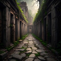 Ancient stone pathway with ruins and greenery in a mysterious and foggy alley