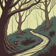 A winding path through a spooky forest with a hidden cat in the shadows