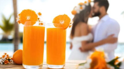 Two refreshing glasses of orange juice sit on a wooden table, while a couple embraces in the background next to a sparkling pool under a sunny sky