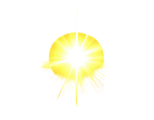 Intense glowing yellow orb with radiating light bursts against a black backdrop