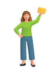 Young smiling woman Kate holding yellow envelope in raised hand. Post, message delivery, e-mail, messenger and communication concept. 3d vector people character. Cartoon minimal style.
