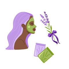 Woman with green face mask, lavender flowers, tied bows, spa products. Design for beauty blogs, skincare brands, self-care posters, wellness packaging.
