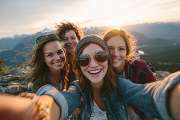 Group of friends taking selfie on mountain top